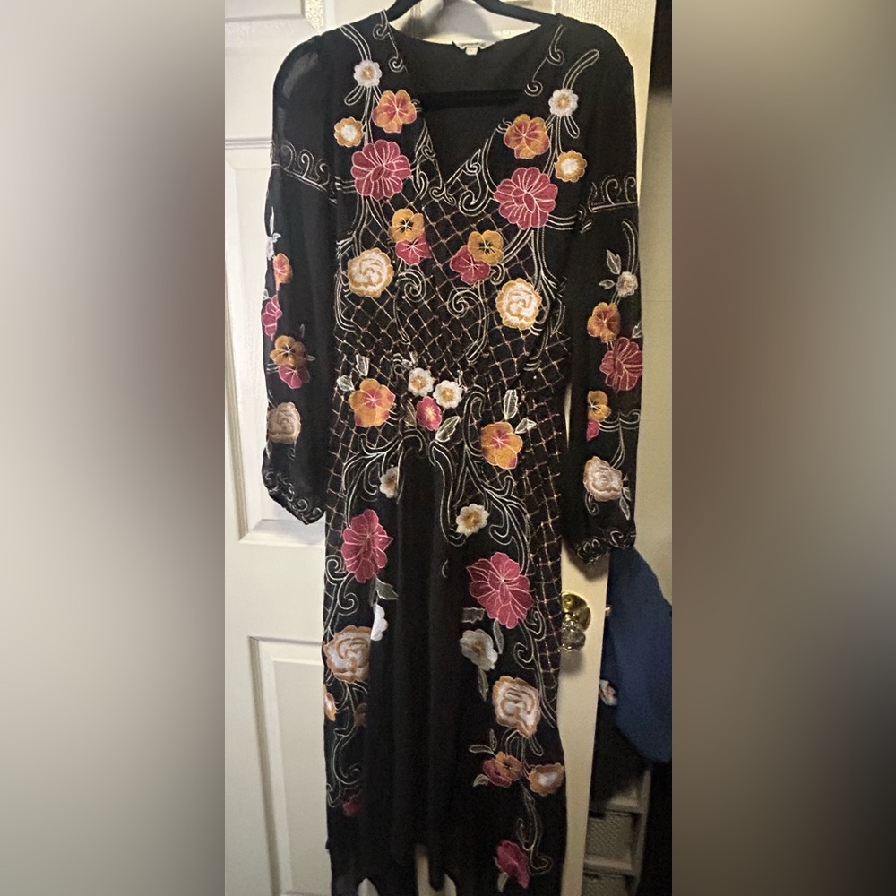 Black Dress with Pink and Orange embroidery V-Neck Long Sleeve Sundress